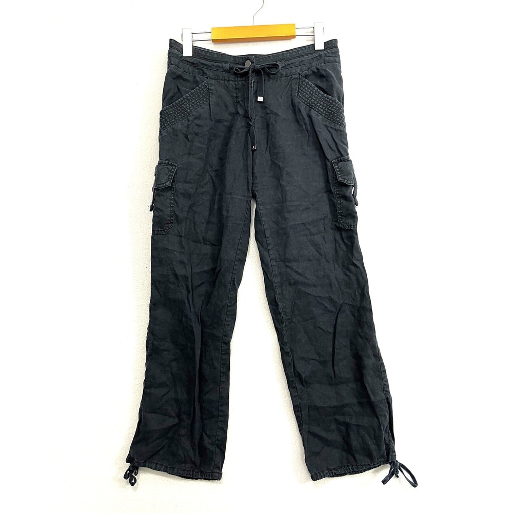 Guess by Marciano Black 100% Linen Cargo Pants Size 2 Drawstring Tie Cuff Y2K